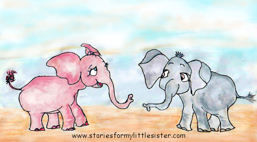 Stories for My Little Sister character Pink Ethel meets someone new. Storybook picture featuring a pink and a grey elephant.