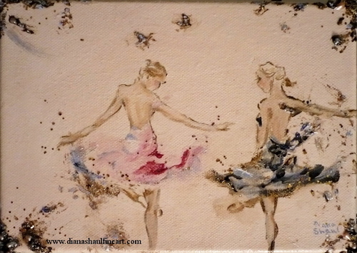 Original semi-abstract painting of two ballerinas rehearsing in the studio.