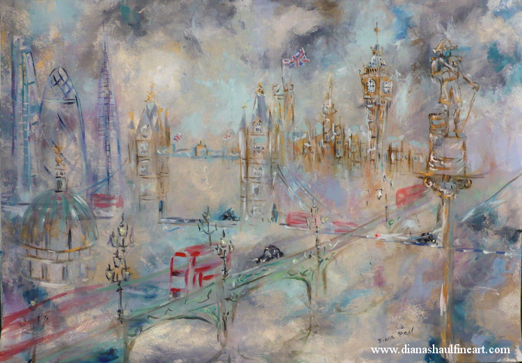 Dreamy semi-abstract painting of the London skyline, in metallic tones.