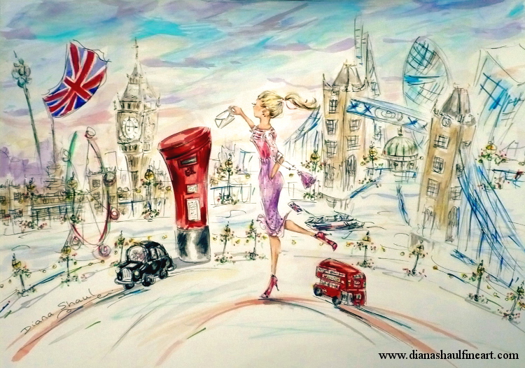 Quirky painting featuring London landmarks and a girl posting a letter in a red postbox.