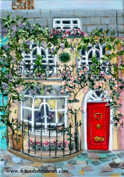 Original painting of a charming mid-terrace cottage, featuring climbing roses.