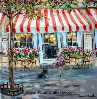 Original painting of a young woman with her Scottish terrier outside a cute cafe.