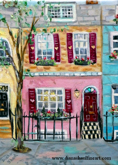 Original painting of a mid-terrace four-storey town house with flowers in the window boxes.