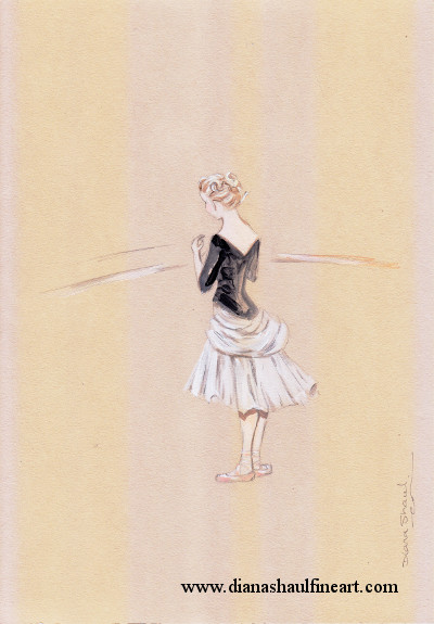 A ballerina, dressed in a costume with a black top and white skirt, stands at the barre in this painting.