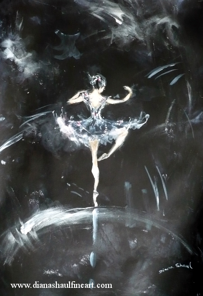 Original painting in acrylic of a ballerina dancing in the darkness.