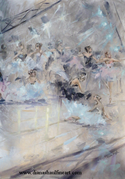 Original painting in acrylic of ballerinas in the dressing room in silver and pastel tones.
