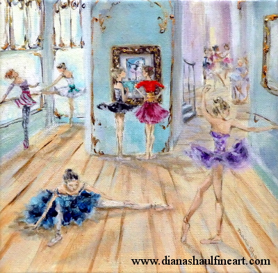 Some ballerinas stretch while others check a noticeboard in a busy practice room. Original painting.