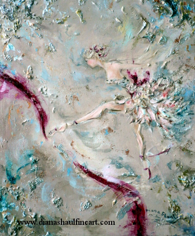 Original painting of a ballerina in a tutu with a crimson sash. She seems to trace a crimson mark on the stage with her foot.