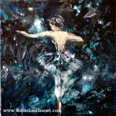 Against a black backdrop, under spotlights, a ballerina in a black tutu takes centre stage. Original painting.