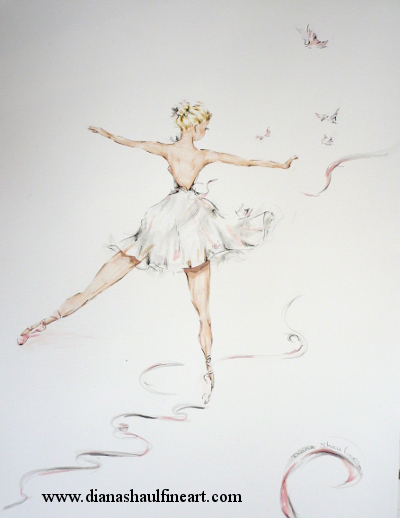 Original drawing of a ballerina stepping forward, butterflies drifting above her.