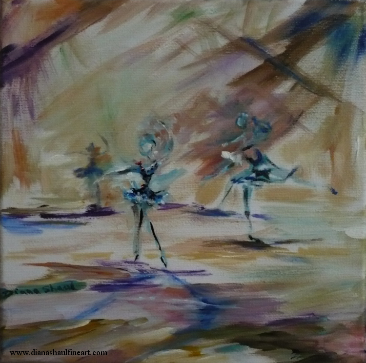 The blue shadows of ballerinas at practice in the rehearsal room at dusk.
