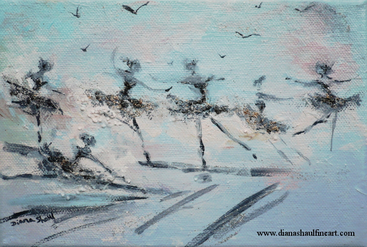 Original painting of ballerinas and birds in silhouette against a pale blue background.