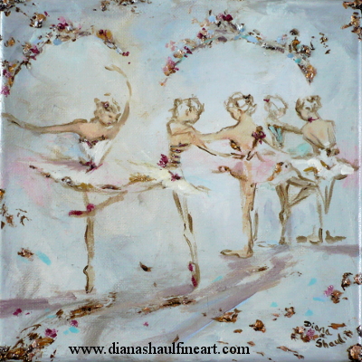 Original painting of dancers in a ballet studio decorated with flowers.