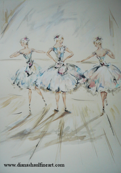 Painting of three ballerinas, ready to become three swans in Swan Lake.