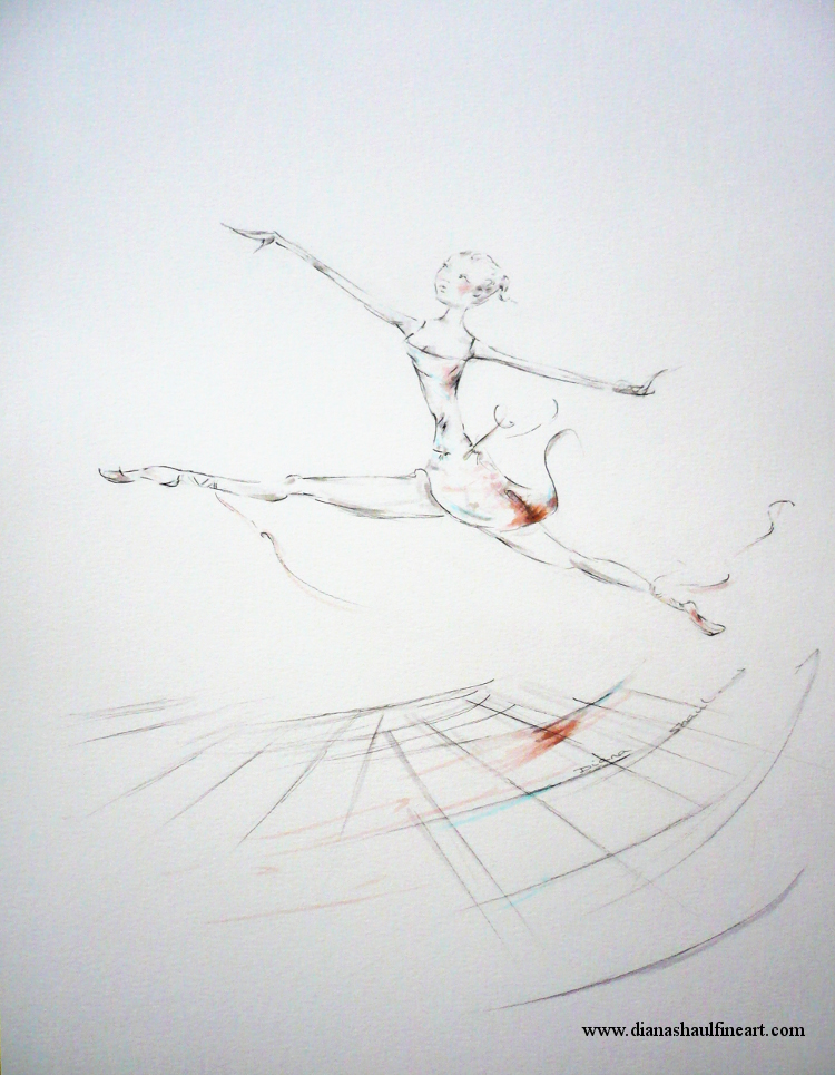 An original drawing of a ballerina executing a grand jete.