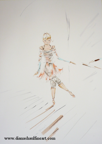 Original drawing of a ballerina at the barre in a rehearsal room.
