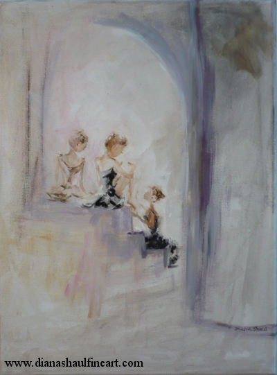 A ballerina sits on stone steps reading a letter, a friend at either side.