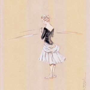 A ballerina, dressed in a costume with a black top and white skirt, stands at the barre in this painting.