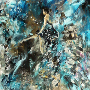 Painting of a ballerina seated, against an abstract background in shades of teal, black and gold.