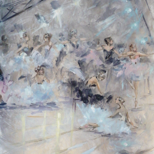 Original painting in acrylic of ballerinas in the dressing room in silver and pastel tones.