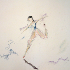 A study in pastel and pencil of a ballerina caught in motion, unawares.