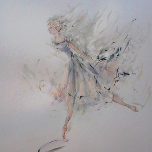 Soft-toned painting of a determined ballerina in profile, balanced en pointe.