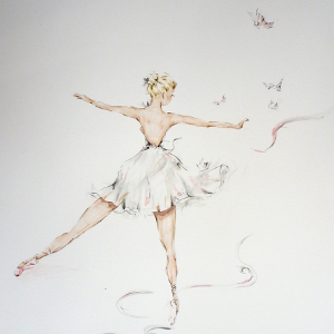 Original drawing of a ballerina stepping forward, butterflies drifting above her.