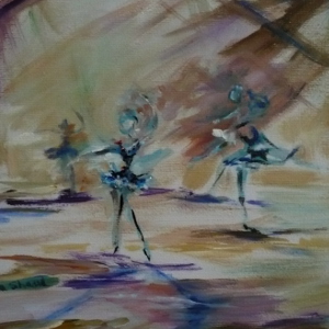 The blue shadows of ballerinas at practice in the rehearsal room at dusk.