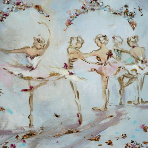 Original painting of dancers in a ballet studio decorated with flowers.
