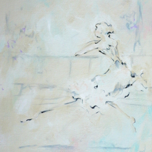 Original painting in outline of a dancer sitting on a garden bench.