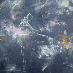 Semi-abstract painting of a ballerina dancing on the stage while others look on.