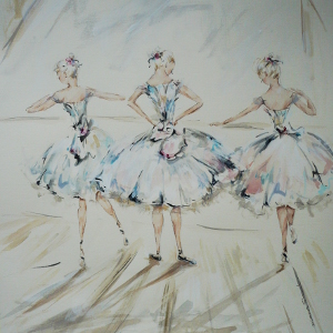 Painting of three ballerinas, ready to become three swans in Swan Lake.