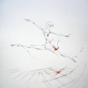 An original drawing of a ballerina executing a grand jete.