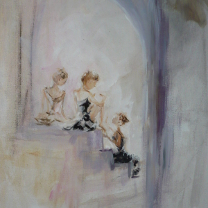 A ballerina sits on stone steps reading a letter, a friend at either side.