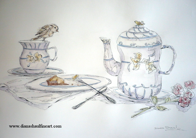 Painting featuring a bird perched on a teacup, eyeing the leftovers of a slice of cheesecake.