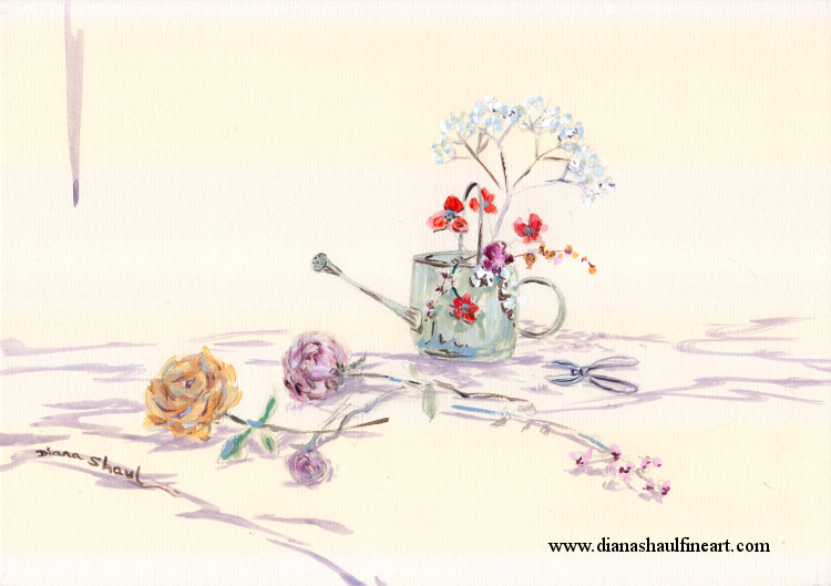 A delicate original still life depicting a watering can with flowers and secateurs.