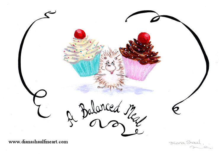 A cartoon hedgehog holds a cupcake in each hand; caption 'A Balanced Meal'.