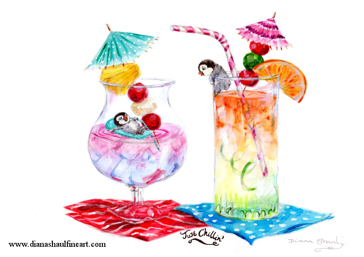 Penguin chicks, tropical drinks... and a lilo. Original cartoon with caption 'Just Chillin''.