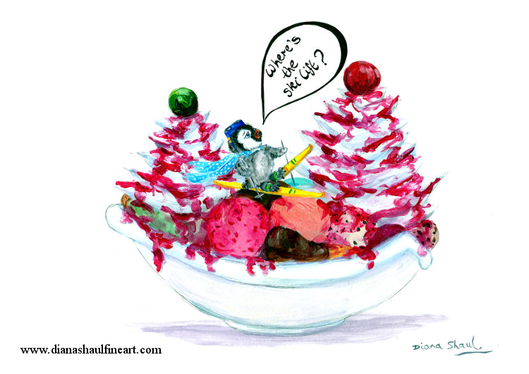 A cartoon penguin chick in skis, between two 'mountains' of whipped cream on a sundae asks, 'Where's the ski lift?'