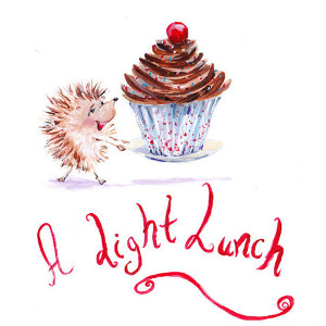A little hedgehog carries an enormous cupcake; caption: 'A Light Lunch'.