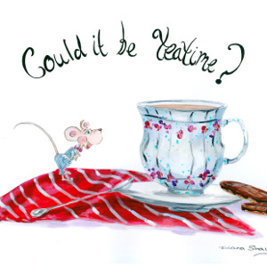 A cartoon mouse looks happily at a cup of tea and two biscuits; caption 'Could it be teatime?'