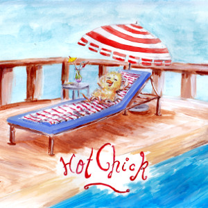 A fluffy yellow chick lounges by the pool; caption 'Hot Chick'.