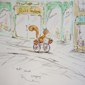 A squirrel rides a bicycle through a street of nut shops.