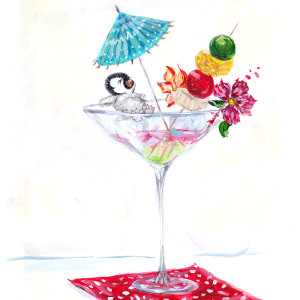 A penguin chick chills out in a fruity cocktail. Original cartoon with caption 'One Cool Dude'.