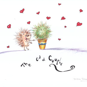 A cartoon hedgehog approaches a cactus, hearts surrounding them; caption: 'The Odd Couple'.