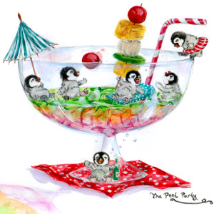 A fruity drink serves as a pool for some partying penguin chicks; caption 'The Pool Party'.