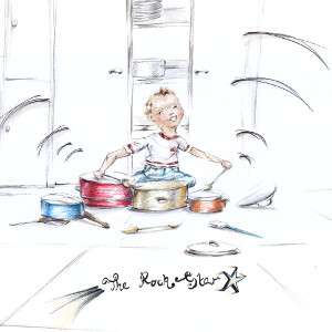 A boy bangs on his mother's pots and pans; caption 'The Rock Star'.