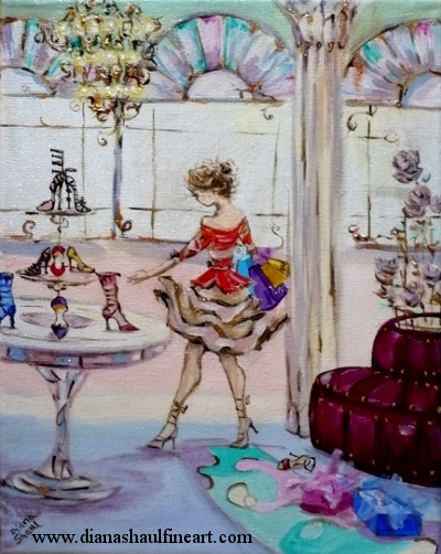 Original painting of a woman in a beautifully appointed shoe shop.
