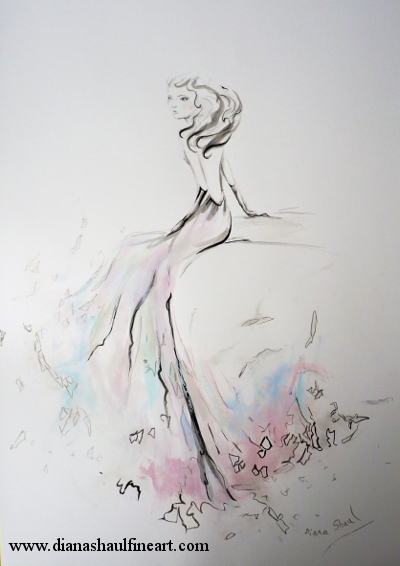 Original painting of a woman seated, created in elegant black line with touches of soft colour.