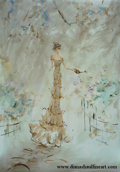 Painting of a woman in a gold floor-length gown watering her garden.